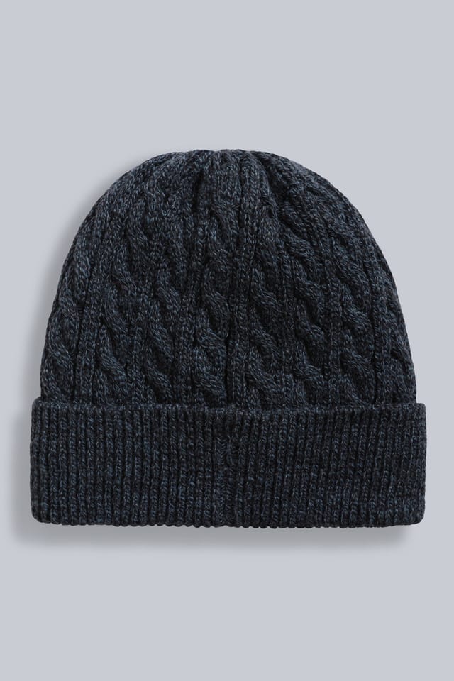 Animal Animal Men's 'Drew' Sherpa Faux Fur Lined Soft Knitted Warm Cosy Cable Beanie in Navy - 3