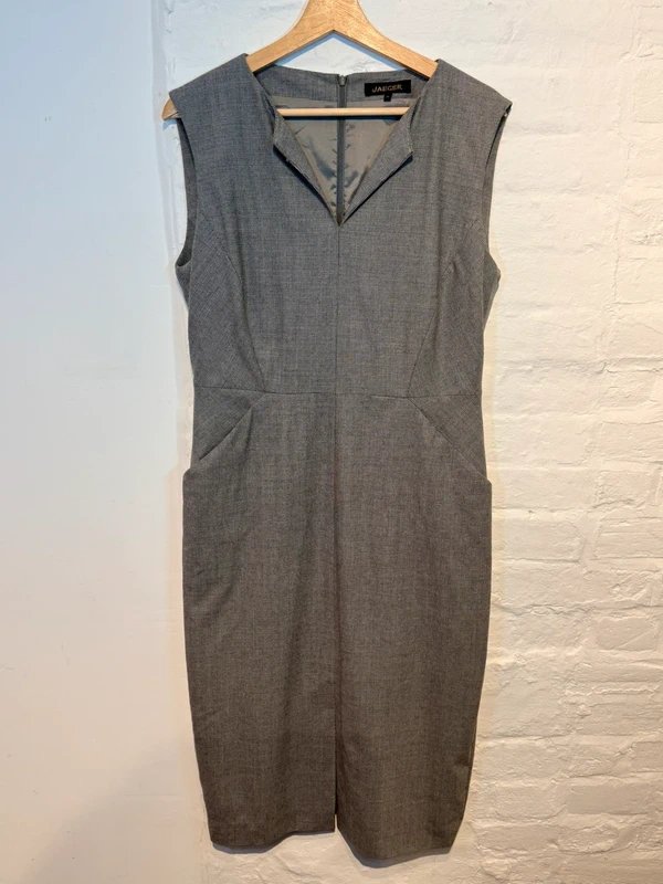 Jaeger Jaeger Grey Wool Sheath Dress Size 16 V-Neck Pockets Smart Work Tailored - 1