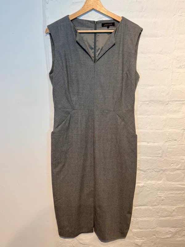 Jaeger Jaeger Grey Wool Sheath Dress Size 16 V-Neck Pockets Smart Work Tailored
