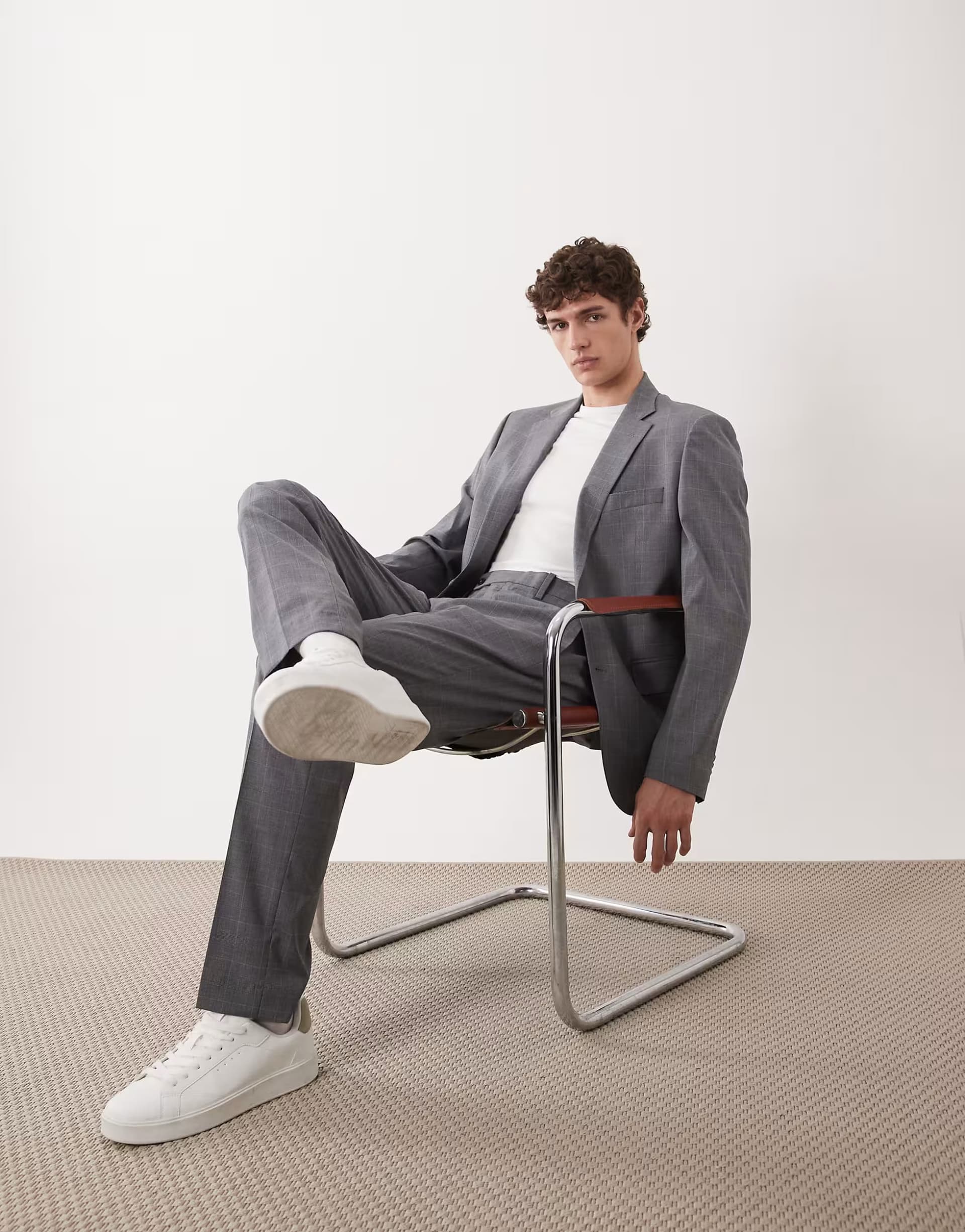 ASOS Mango London regular fit fine check print suit blazer & trouser co-ord in grey