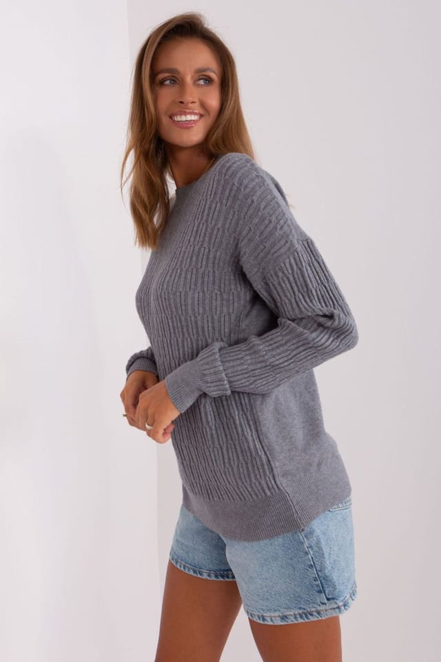 Love Lace Love Lace Women's Variegated Round Neck Long Sleeve Sweater in Grey - 2