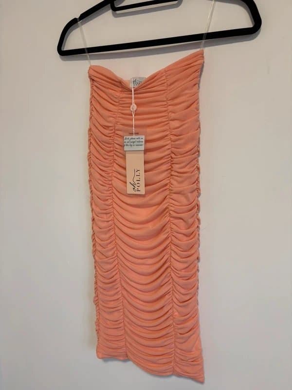 Oh Polly Oh Polly Peach Ruched Strapless Mini Dress Size 8 BNWT Bodycon Party club wedding London summer
