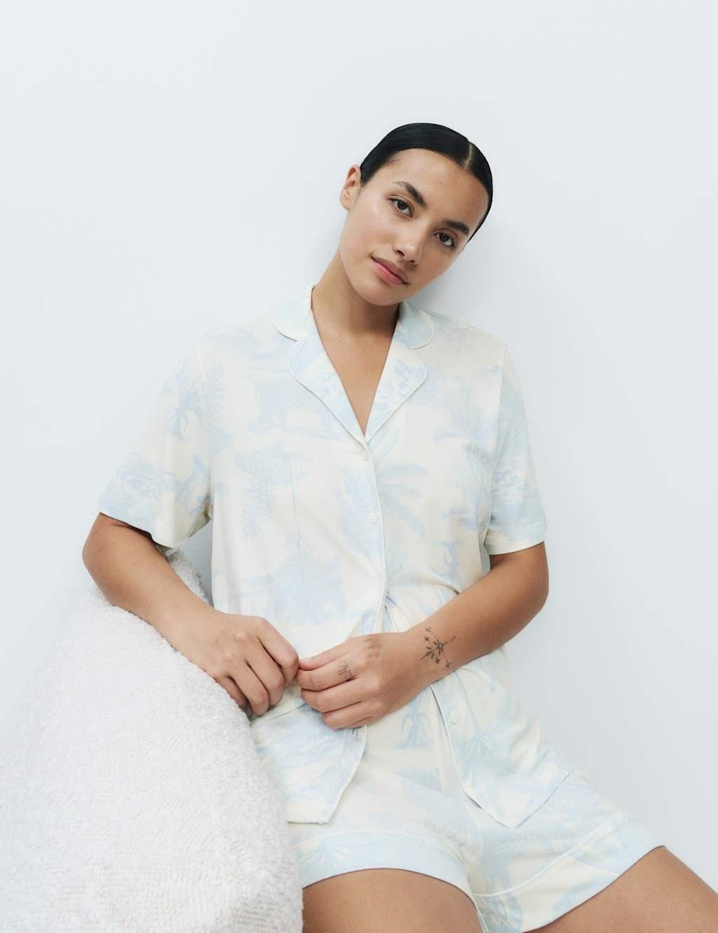 Marks & Spencer M&S Soft Touch Printed Shortie Set Blue