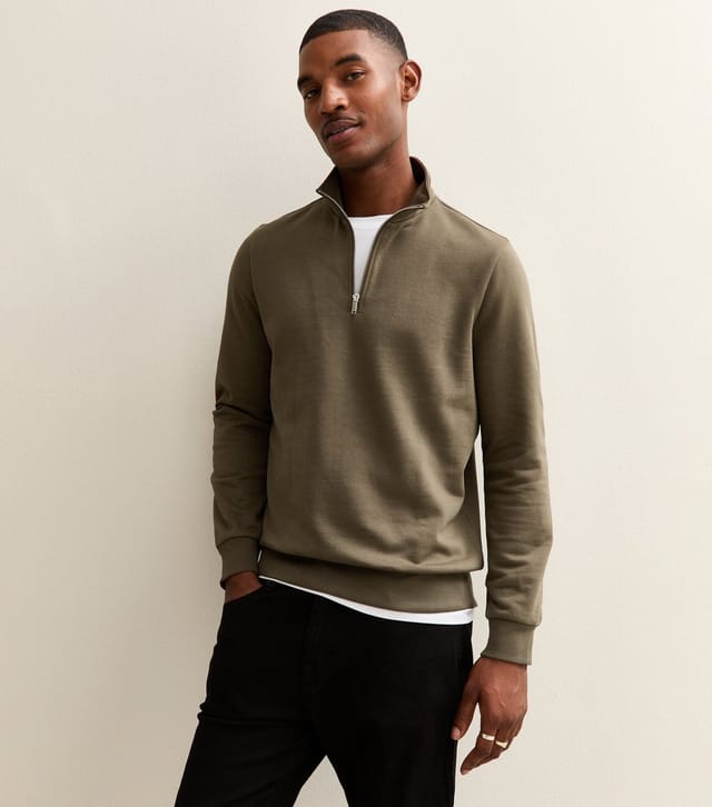 New Look Men's Mid Green Regular Quarter Zip Sweatshirt New Look - 2