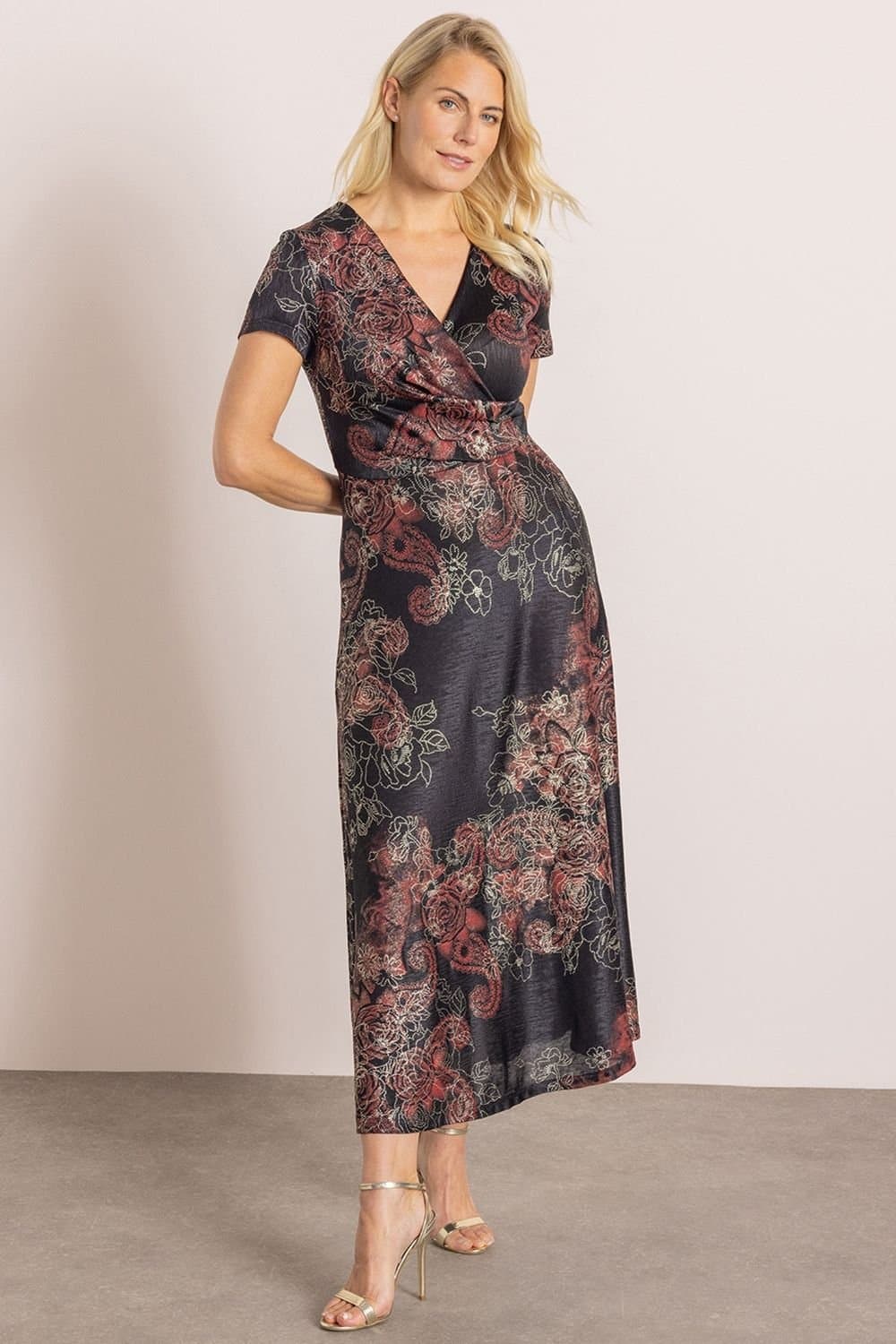 Klass. Klass. Women's Floral Shimmer Print Midaxi Dress in Red