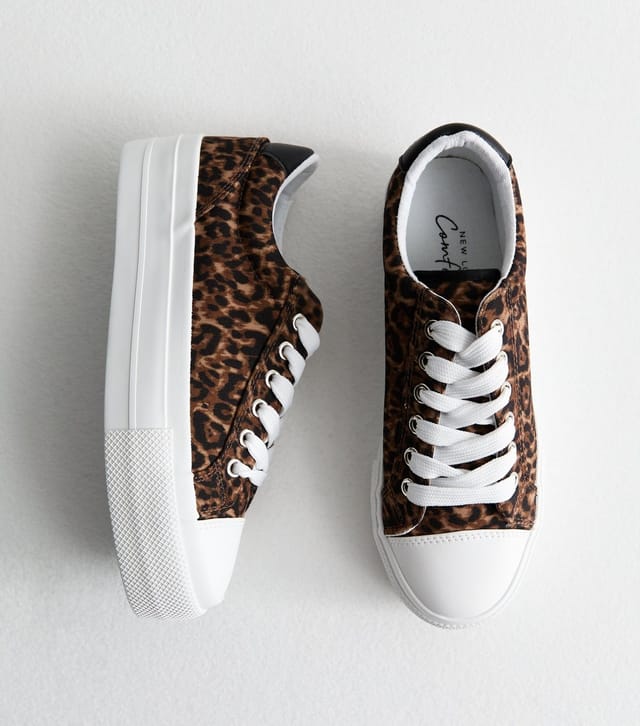 New Look Women's Brown Leopard Print Lace Up Canvas Trainers Vegan New Look - 2