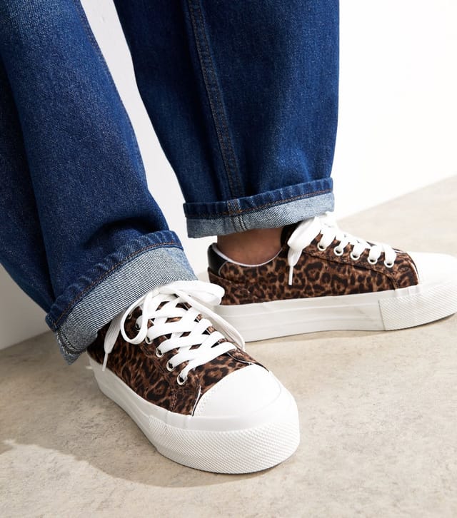 New Look Women's Brown Leopard Print Lace Up Canvas Trainers Vegan New Look - 3