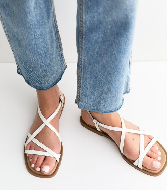 New Look Women's White Faux Leather Strappy Square Toe Flat Sandals Vegan New Look - 2