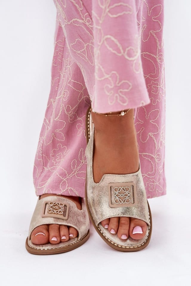 Love Lace Love Lace Women's Flat Buckle Sandals in with Natural Insole Front in Gold - 3