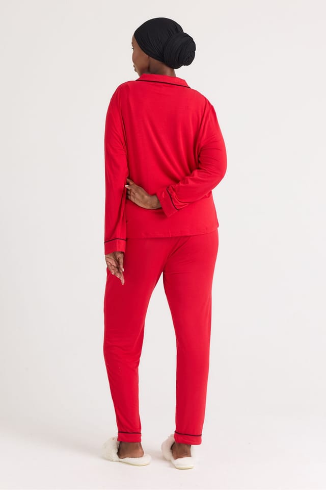 Pretty You London Pretty You London Women's Bamboo Long Pyjama Set in Red - 3