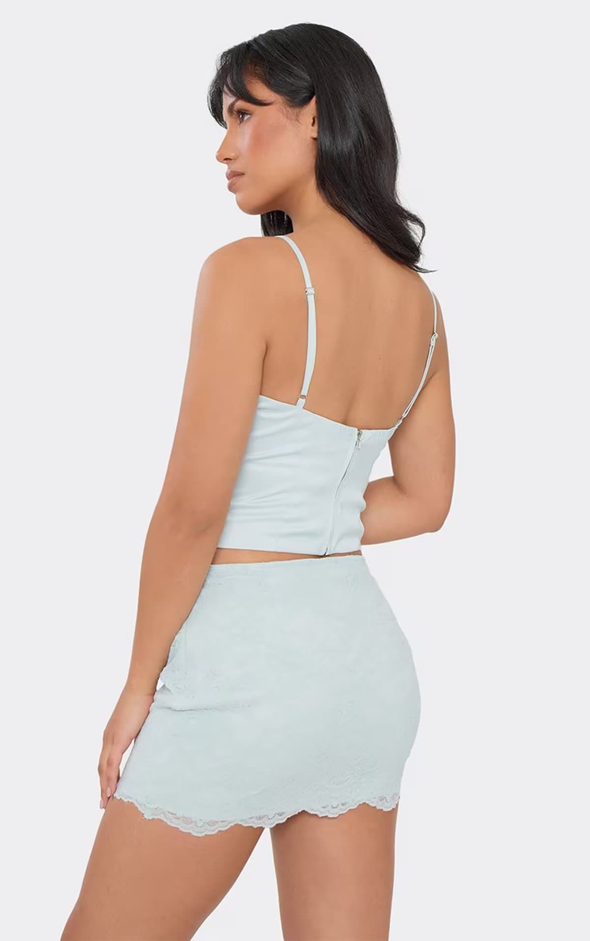 EGO Strappy Bow Detail Lace Trim Corset Top In Blue Satin, Women's Size UK 6
