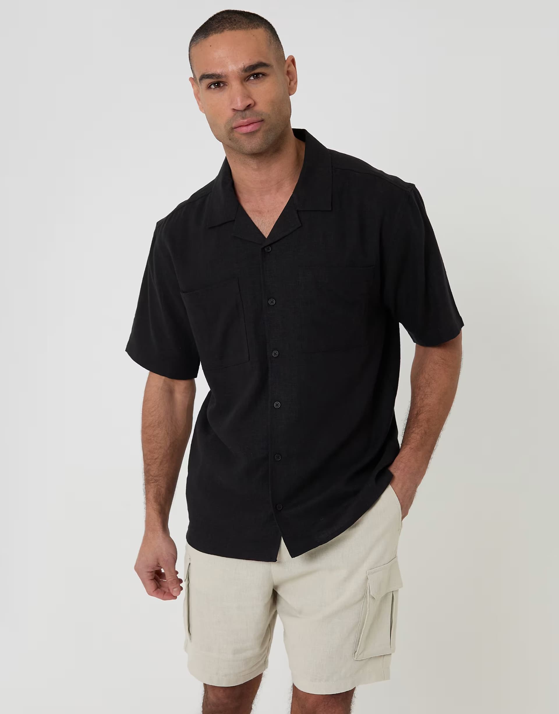 ASOS Threadbare Relaxed fit linen blend short sleeve shirt in black