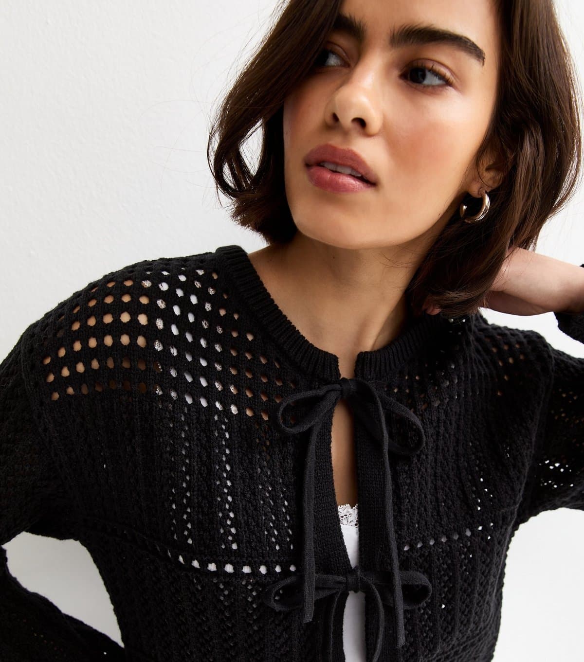 New Look Women's Black Cotton Rich Patterned Knit Tie Front Cardigan New Look