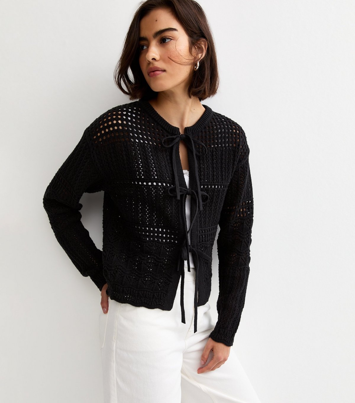 New Look Women's Black Cotton Rich Patterned Knit Tie Front Cardigan New Look - 2