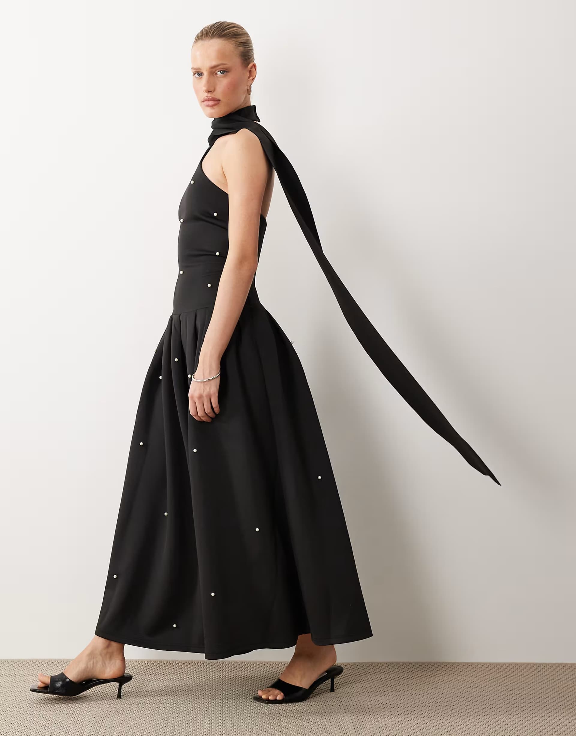 ASOS ASOS DESIGN Premium pearl embellished maxi dress with scarf detail in black scuba-style fabric