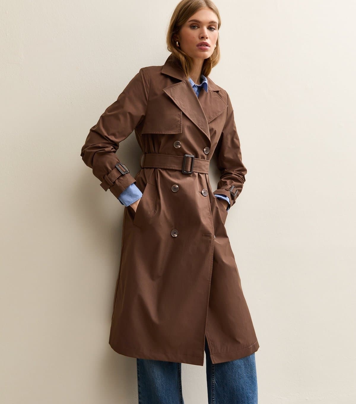 New Look Women's Dark Brown Double Breasted Trench Coat New Look