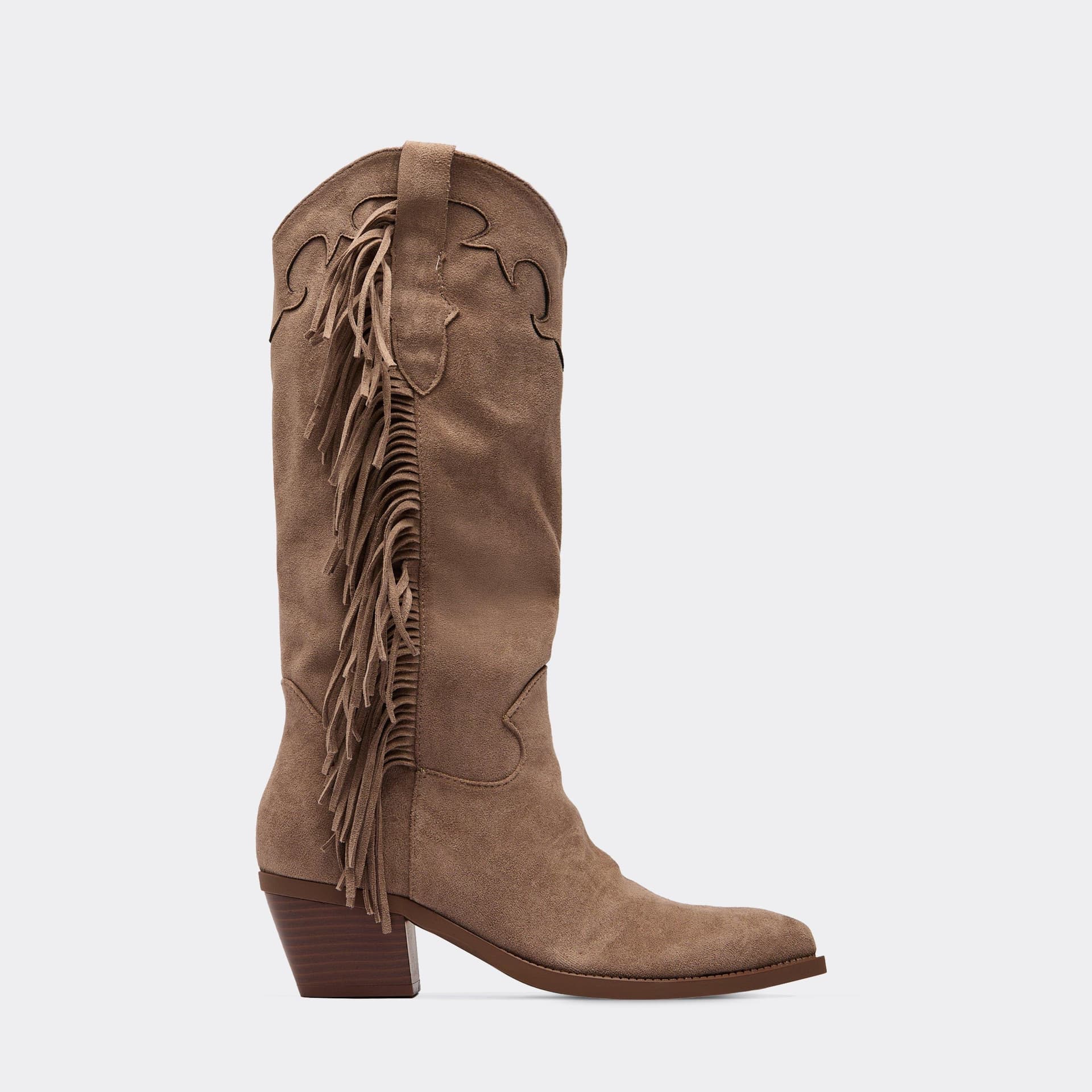 EGO Kiko Fringe Detail Pointed Toe Mid Calf Western Cowboy Boot In Taupe Faux Suede, Women's Size UK 3