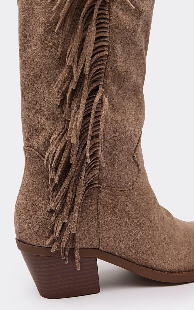 EGO Kiko Fringe Detail Pointed Toe Mid Calf Western Cowboy Boot In Taupe Faux Suede, Women's Size UK 3 - 2
