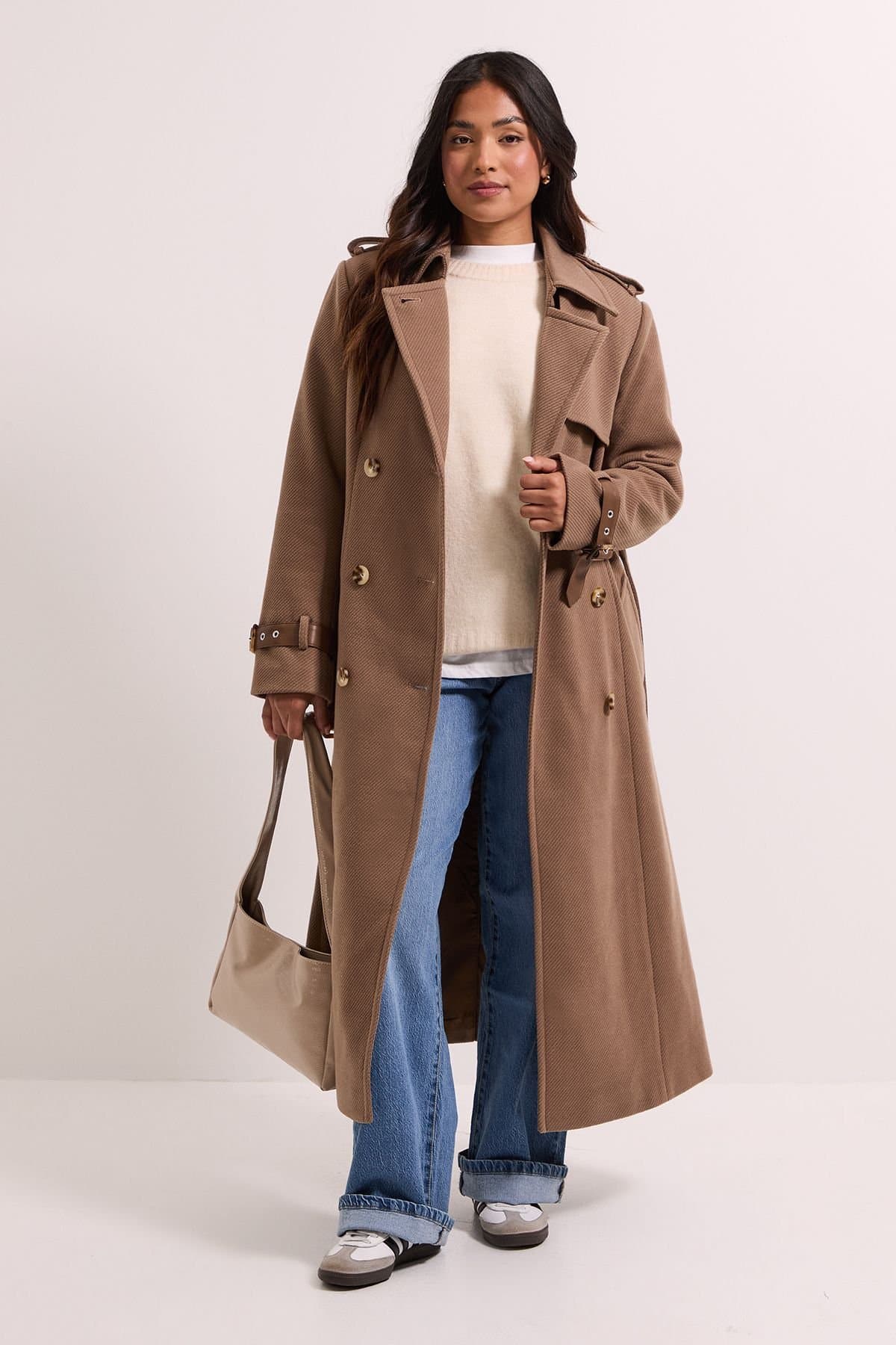 Dorothy Perkins Dorothy Perkins Women's Petite Cuff Detail Buttoned Longline Coat in Mocha
