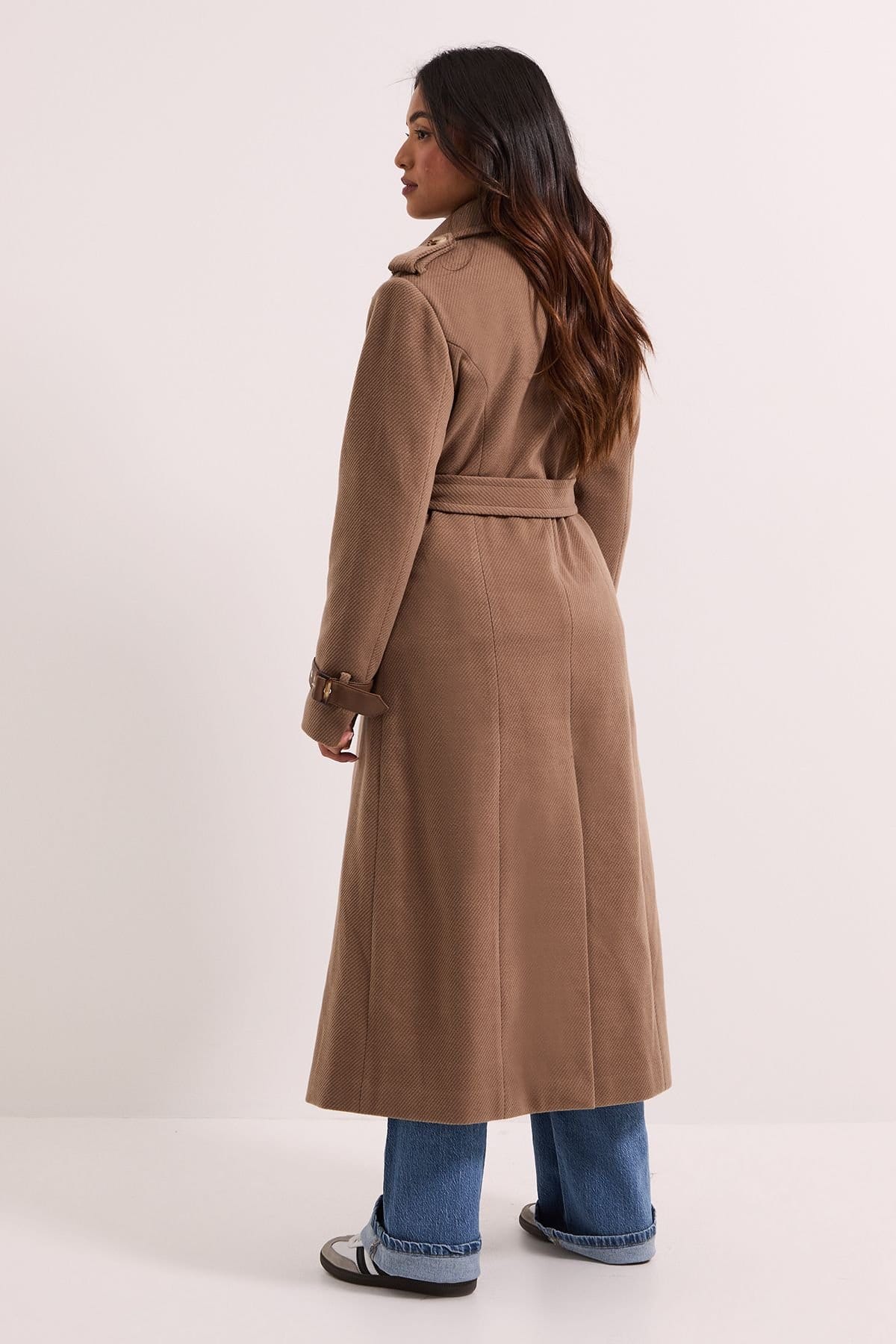 Dorothy Perkins Dorothy Perkins Women's Petite Cuff Detail Buttoned Longline Coat in Mocha - 4