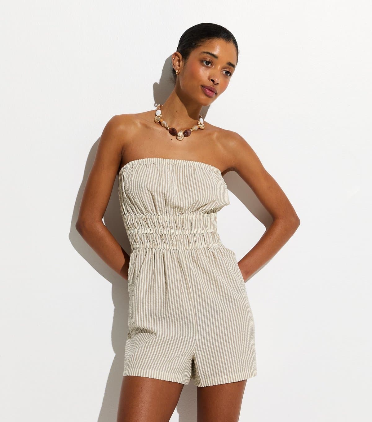 New Look Women's Brown Woven Pinstriped Beach Bandeau Playsuit New Look