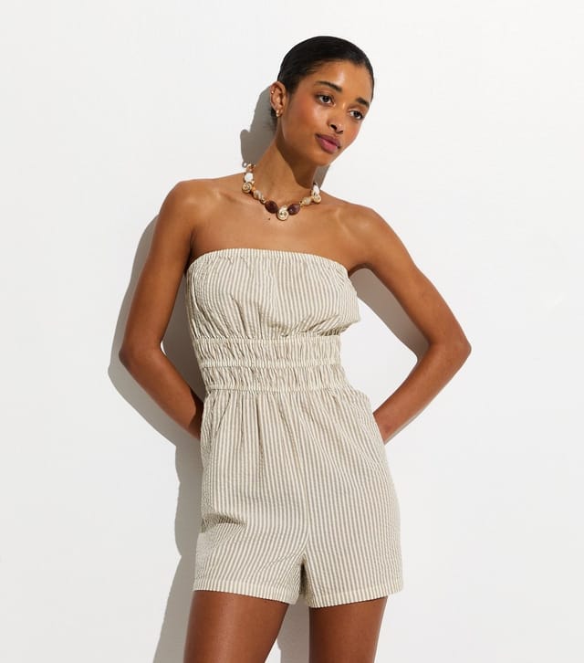 New Look Women's Brown Woven Pinstriped Beach Bandeau Playsuit New Look - 2