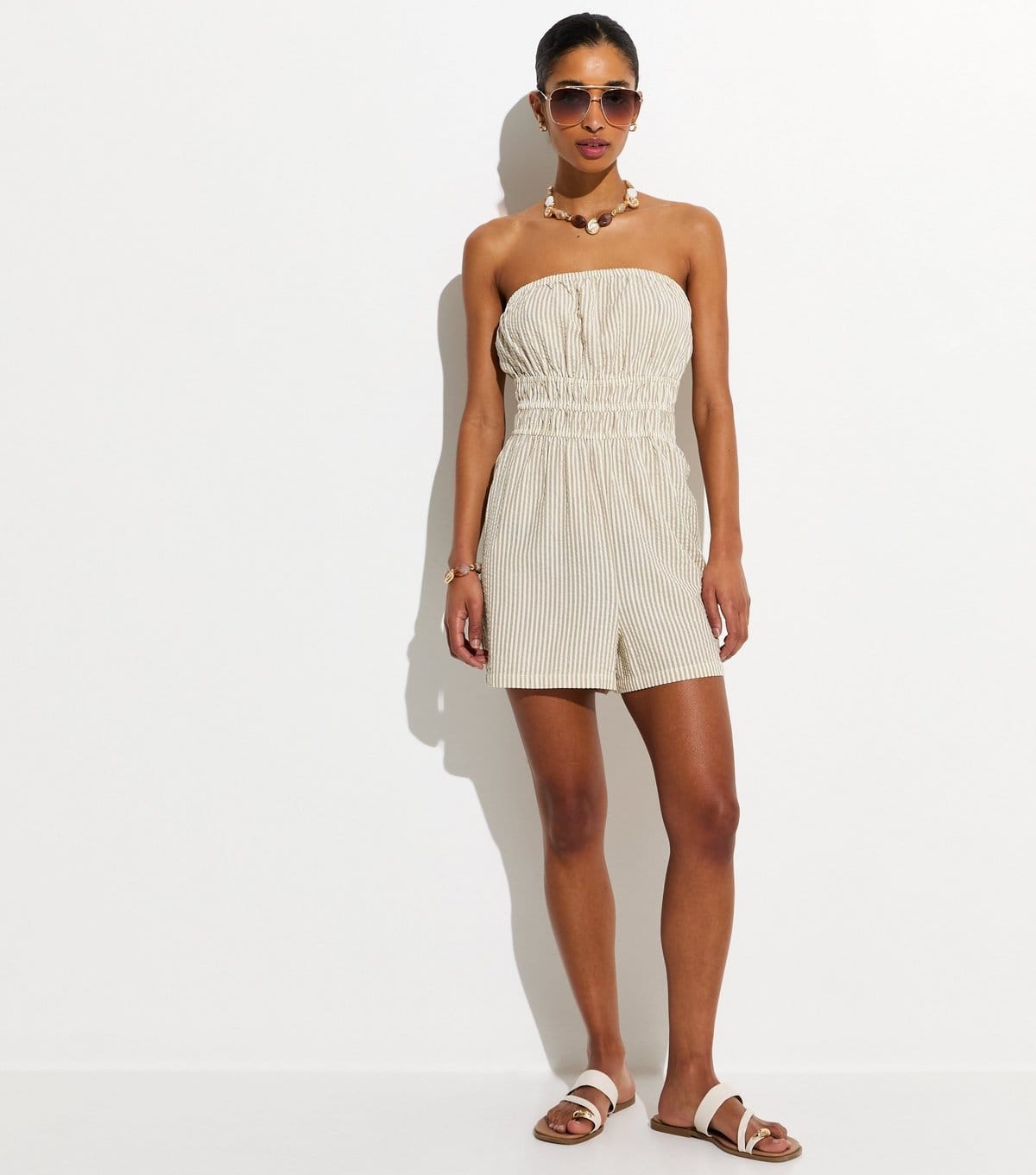 New Look Women's Brown Woven Pinstriped Beach Bandeau Playsuit New Look - 4