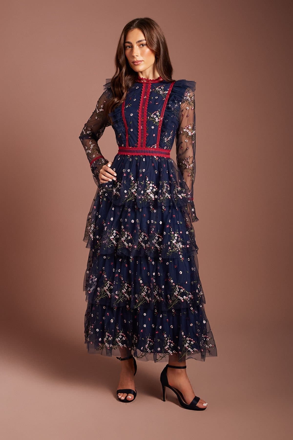 Coast Coast Women's Tiered Skirt Embroidered Mesh Long Sleeve Midi Dress in Navy