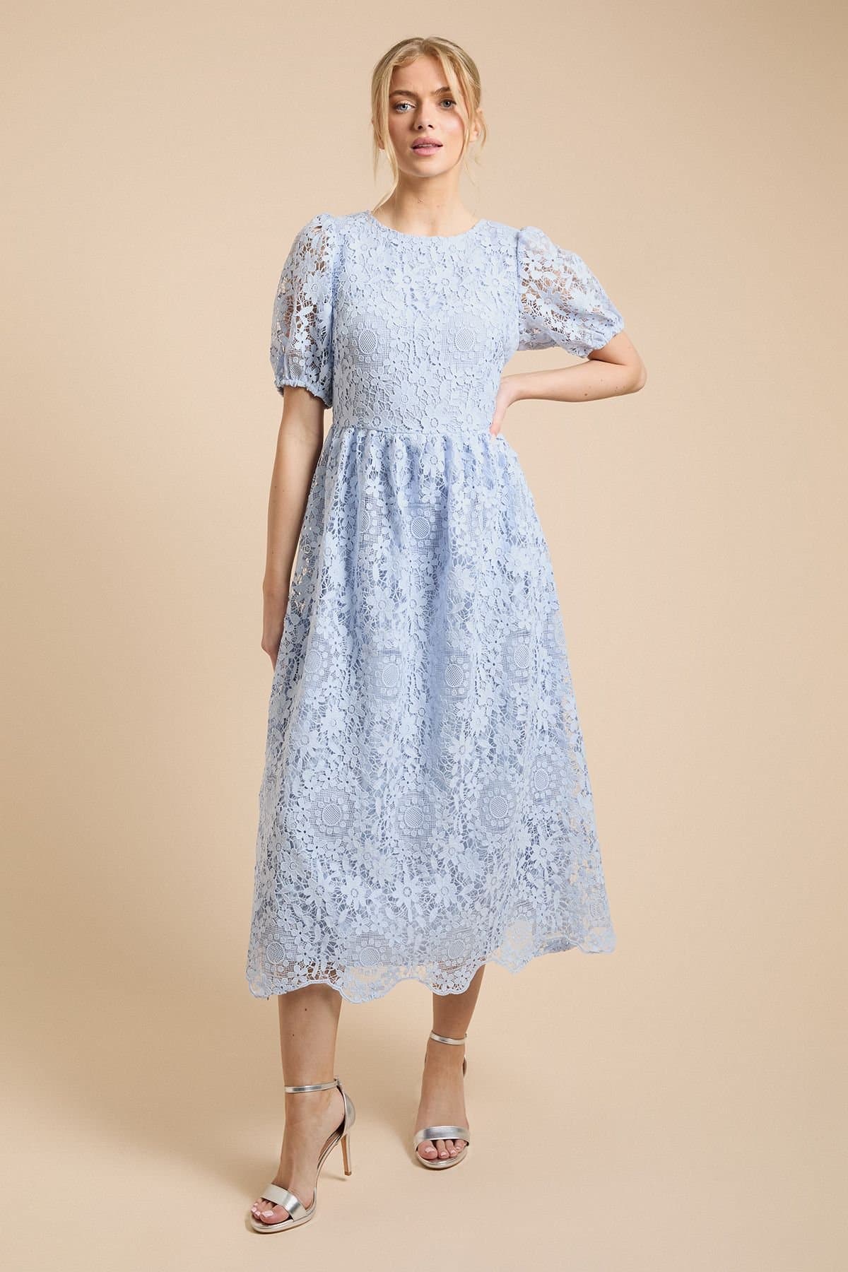 Oasis Oasis Women's Premium Floral Lace Puff Sleeve Midi Dress in Mint