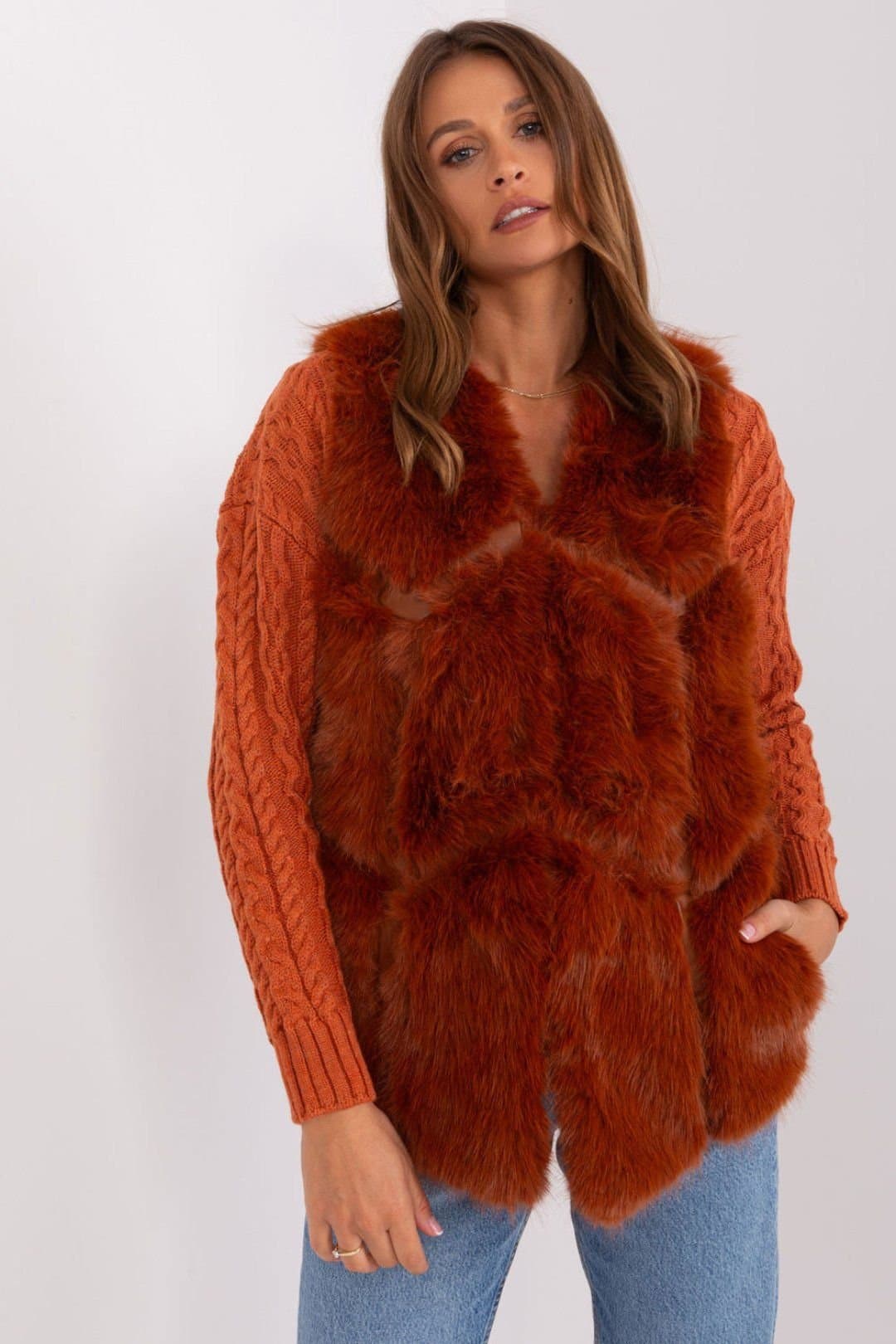 Love Lace Love Lace Women's Lined Faux Fur Vest with Slip Pockets Style 187535 in Orange