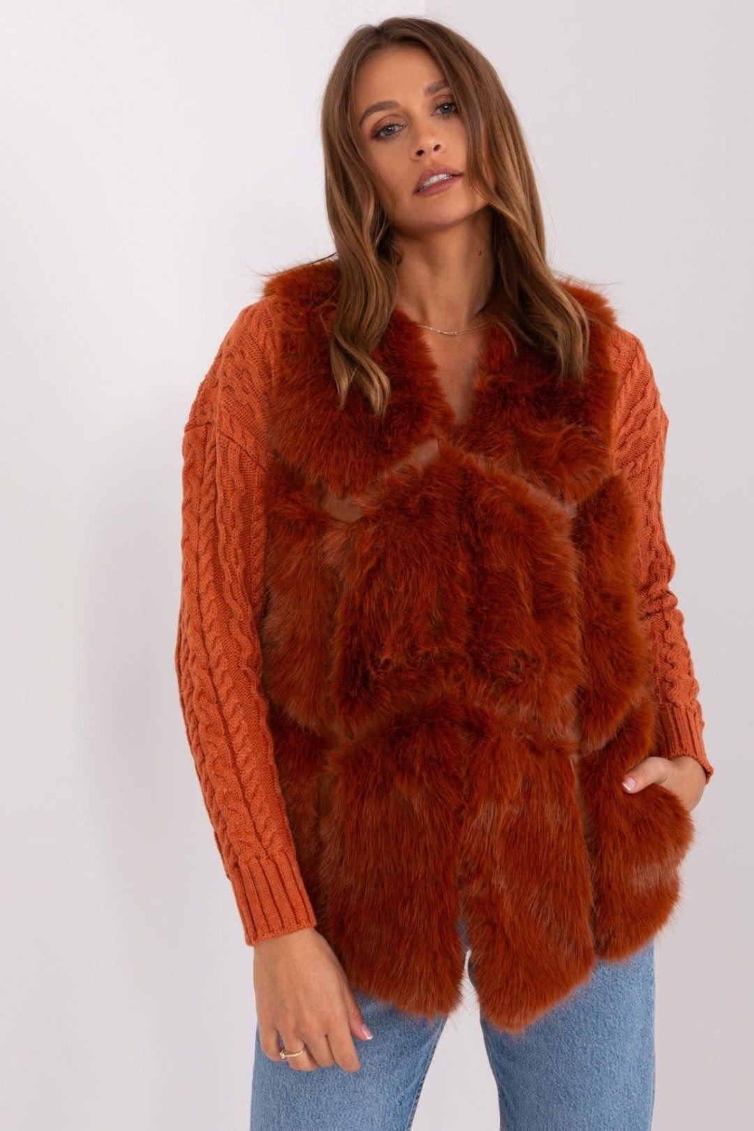 Love Lace Orange Faux Fur Vest with Slip Pockets