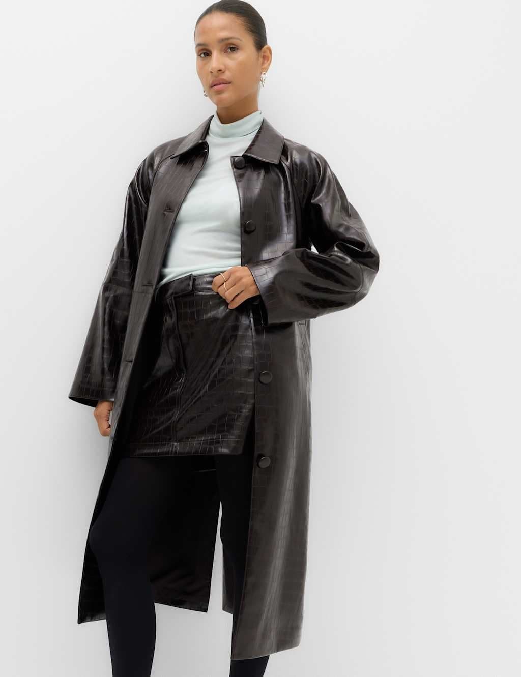 Marks & Spencer M&S Faux Leather Croc Effect Longline Car Coat Aubergine