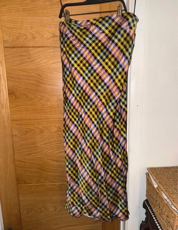 Hush Hush Alessandra Green Brown Lilac Multicoloured Gingham Picnic Check Satin Slip Strapless Midi Dress