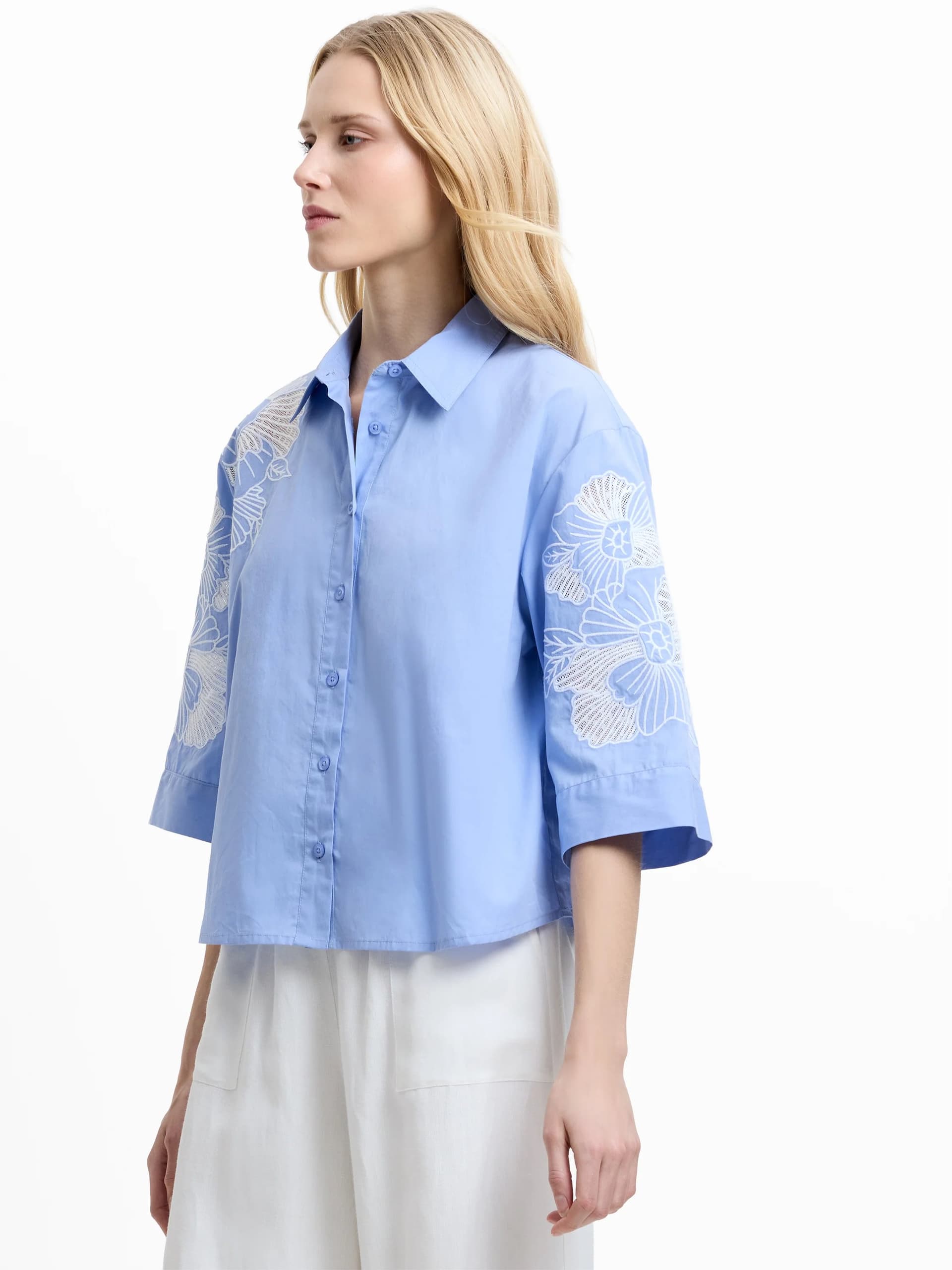 French Connection Cambria Cotton Floral Embroidered Blue Shirtt Light Azure Blue/Linen White