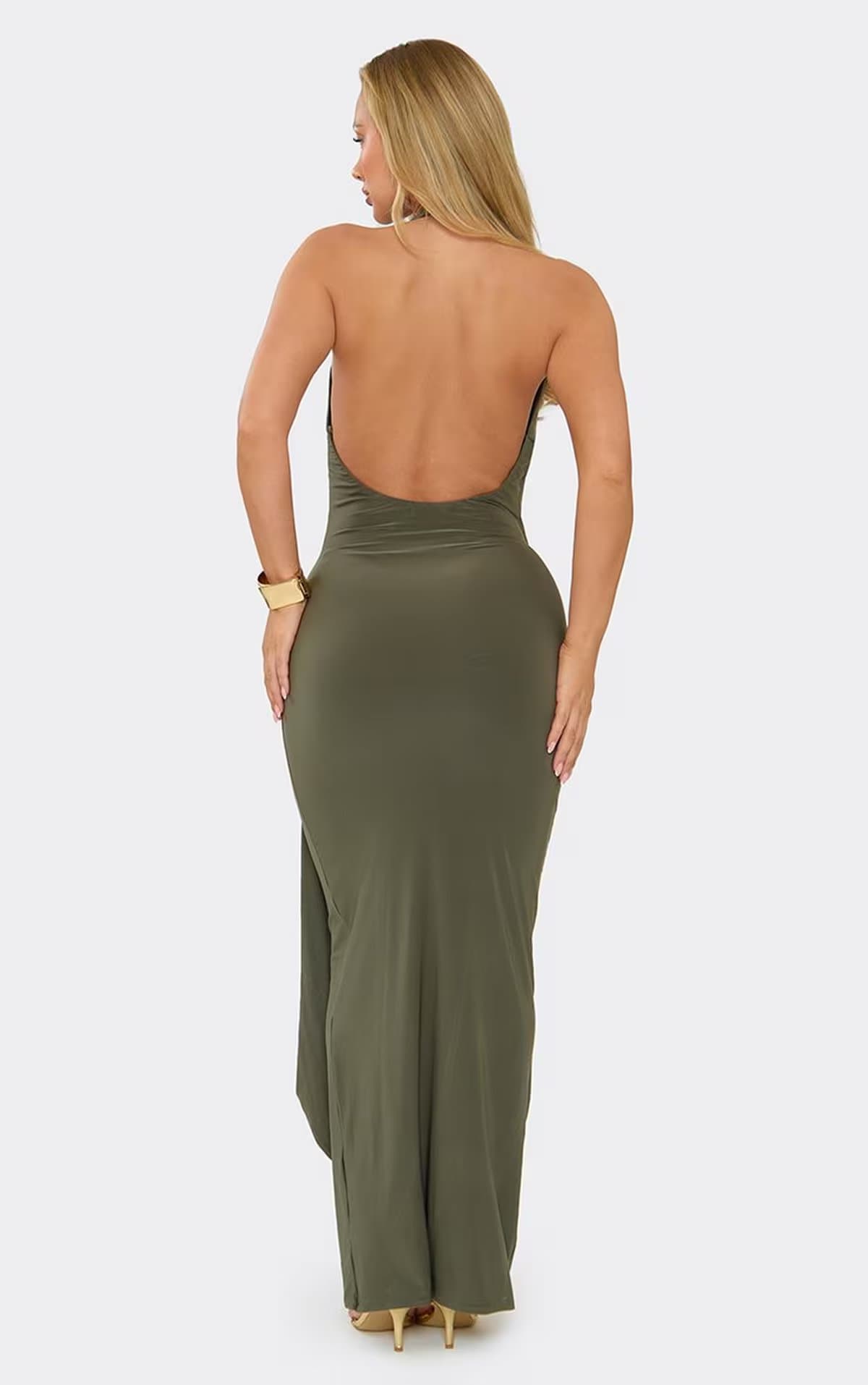 EGO Halterneck Trim Detail Drape Front Maxi Dress In Khaki, Women's Size UK 6