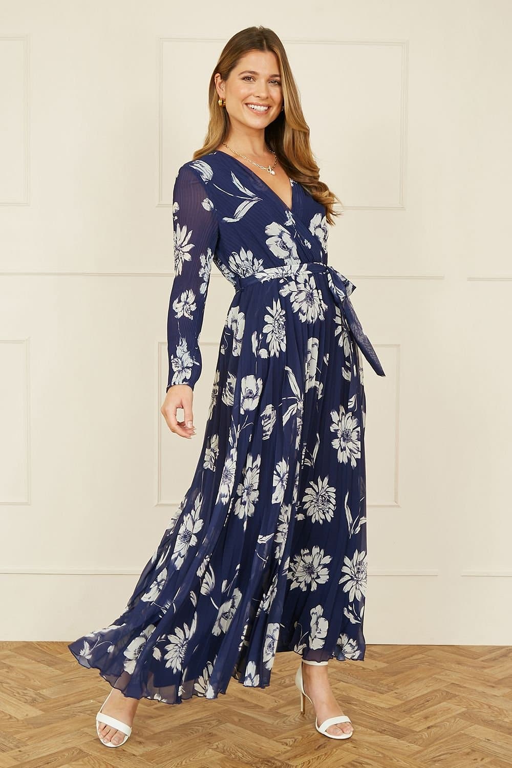 Yumi Yumi Women's Navy Floral Pleated Midi Wrap Long Sleeve Dress
