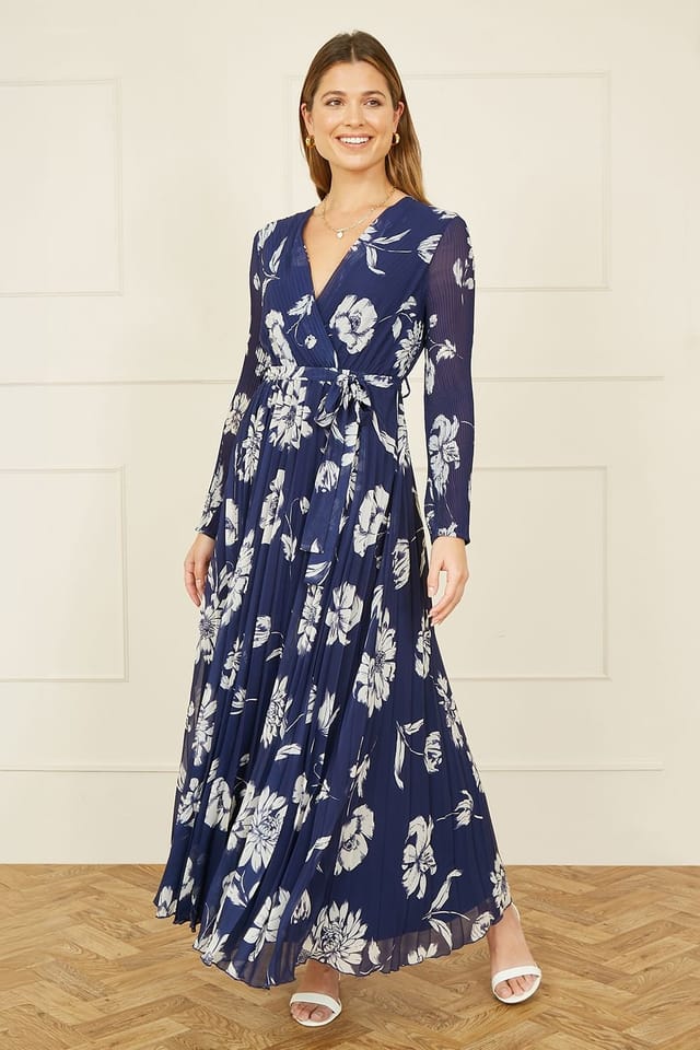 Yumi Yumi Women's Navy Floral Pleated Midi Wrap Long Sleeve Dress - 3