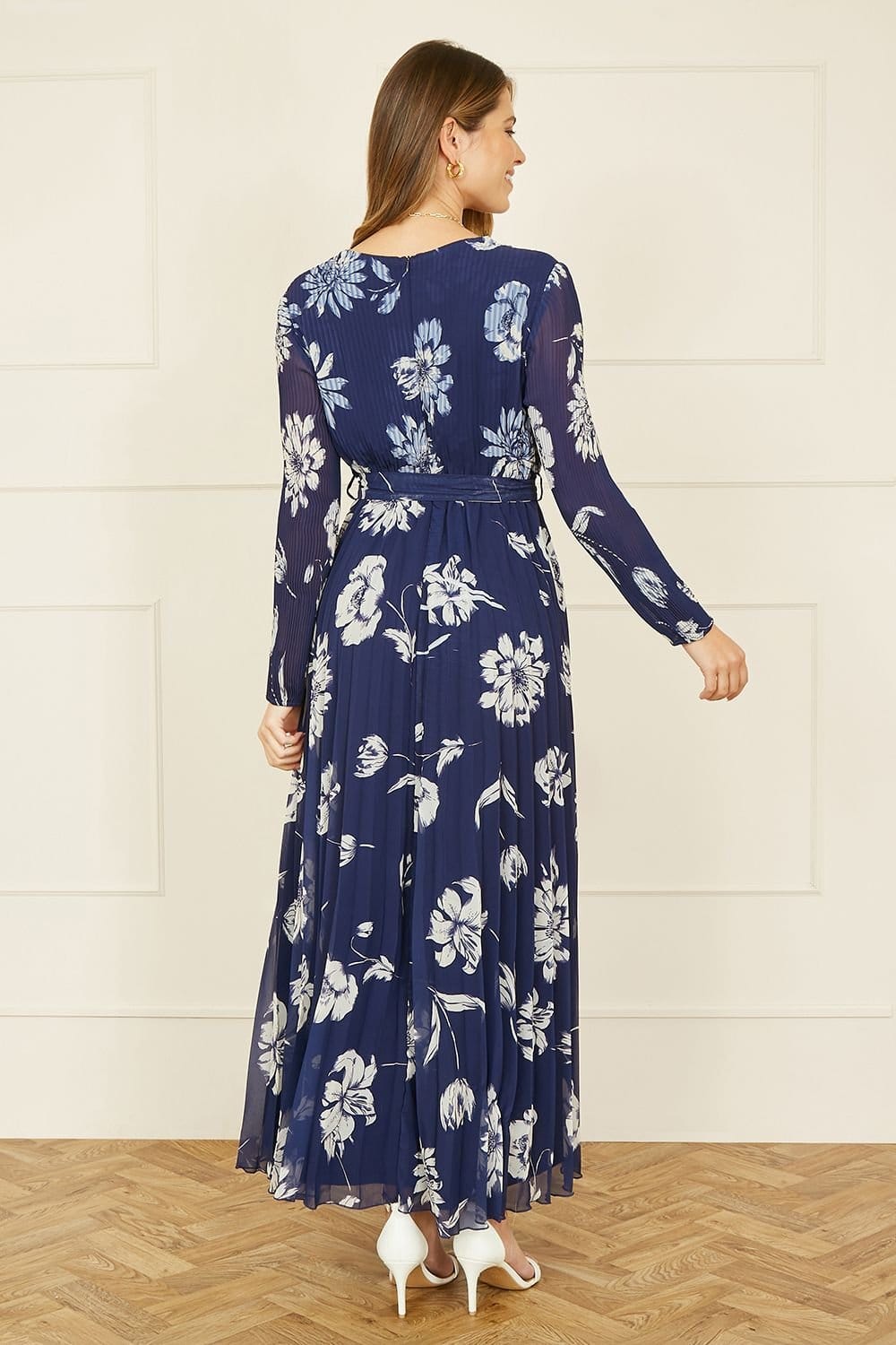 Yumi Yumi Women's Navy Floral Pleated Midi Wrap Long Sleeve Dress - 4