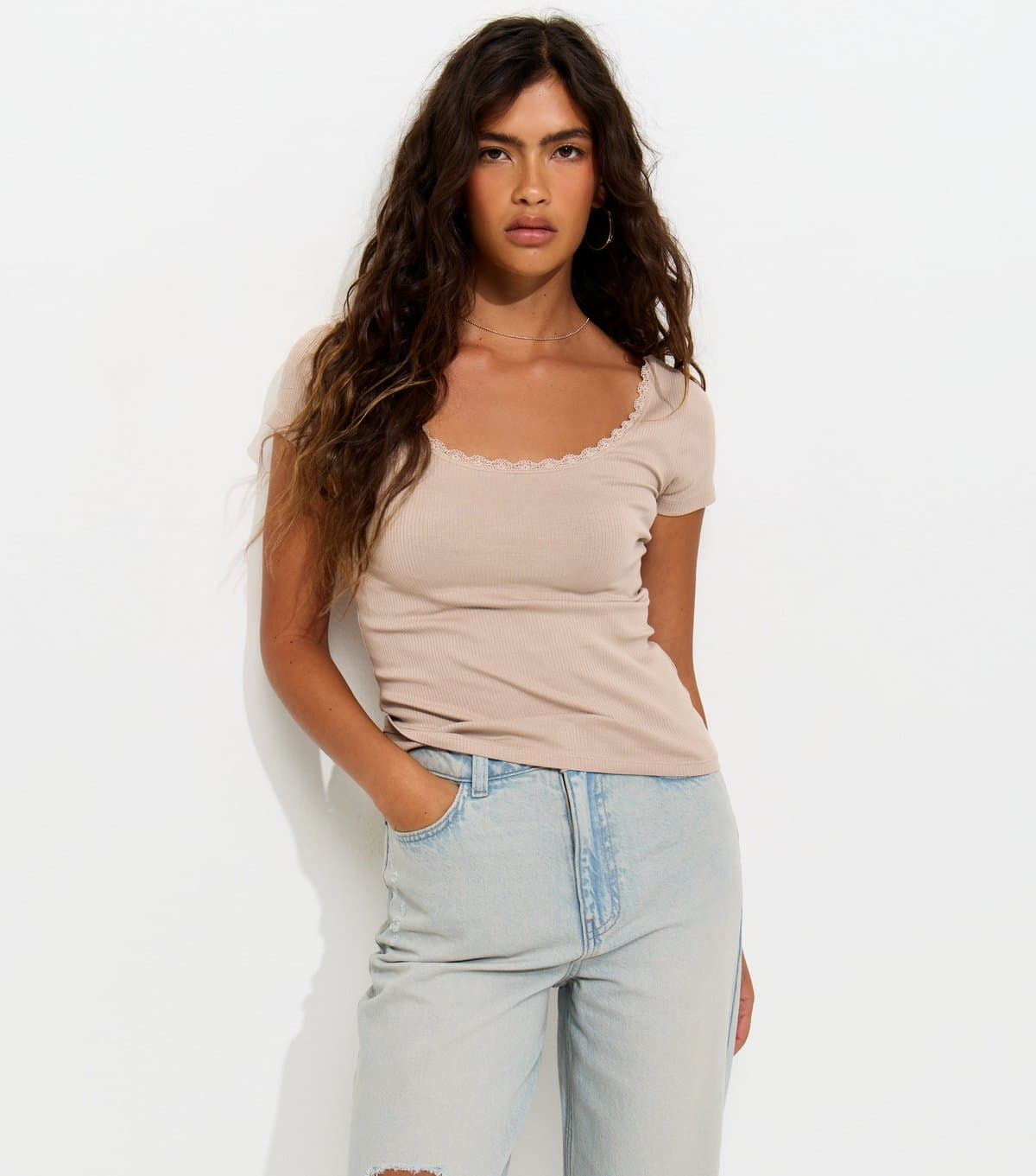 New Look Women's Mink Lace Trim Scoop Neck T-Shirt New Look