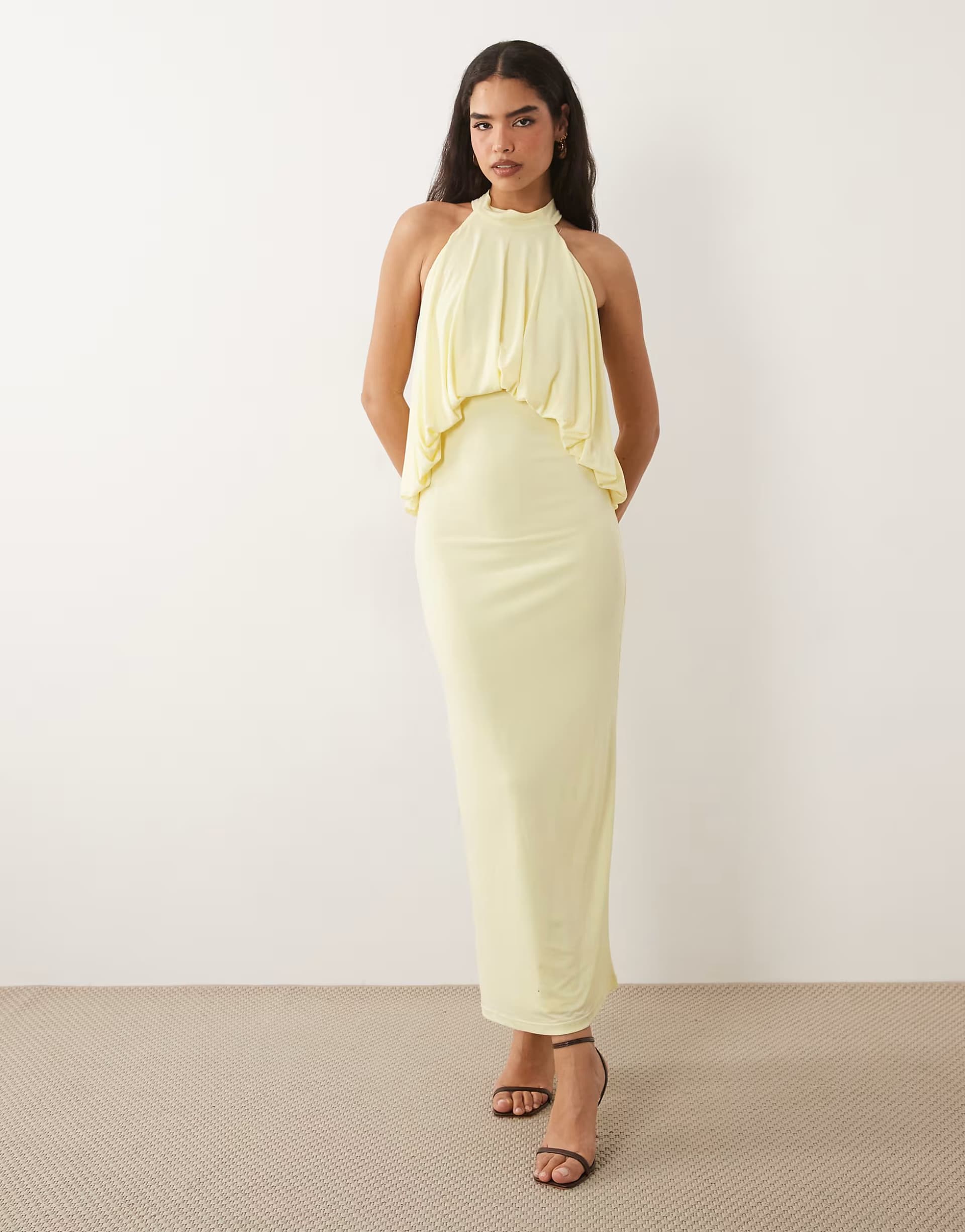ASOS TFNC slinky high neck halter detail backless maxi dress in lemon
