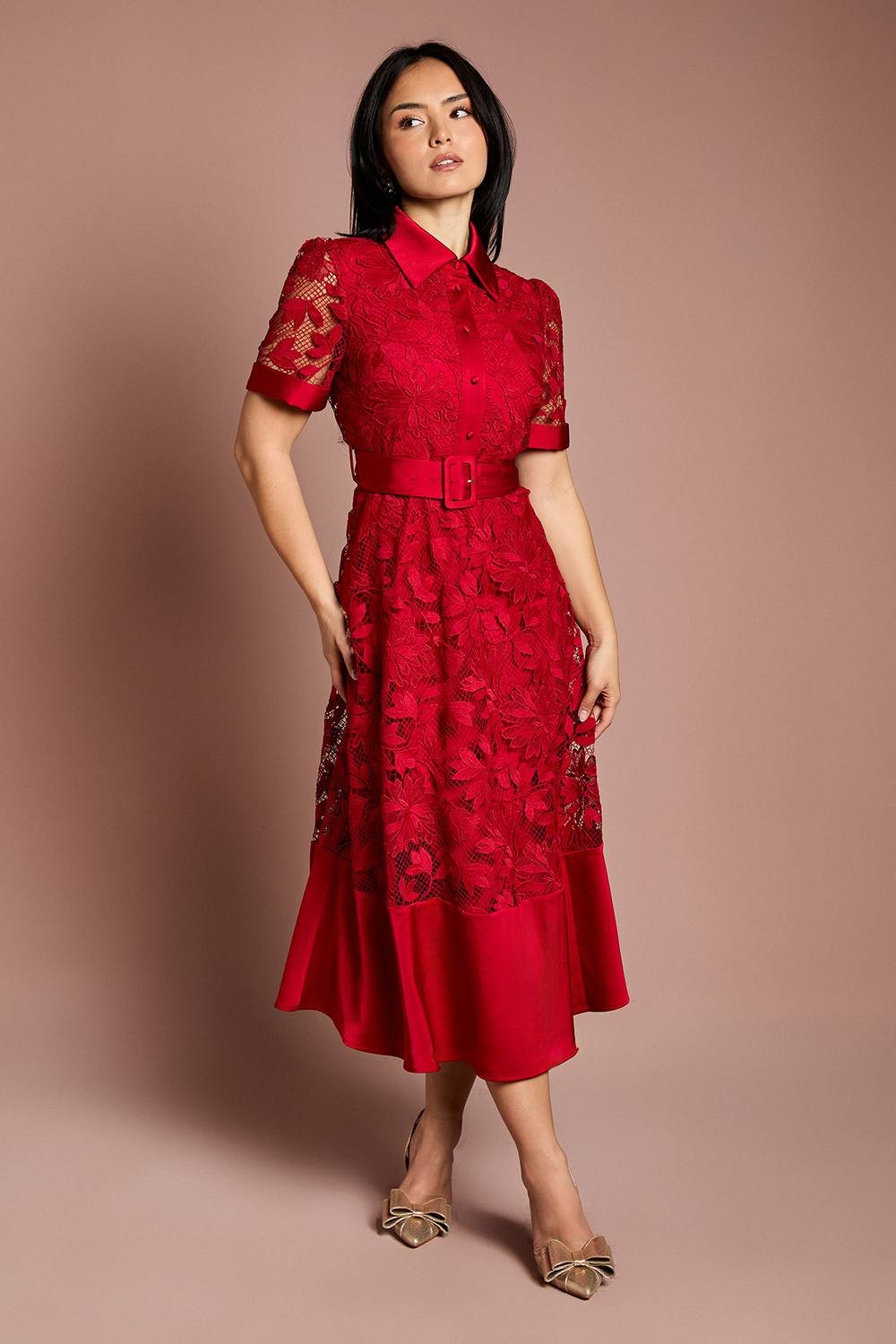 Coast Coast Women's Petite Satin Trim Lace Shirt Midi Dress in Red - 2