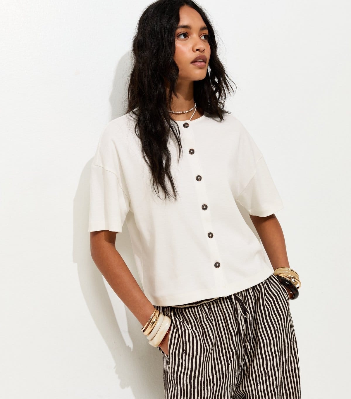Women's Premium Off White Heavyweight Cotton Button Through T-Shirt New Look