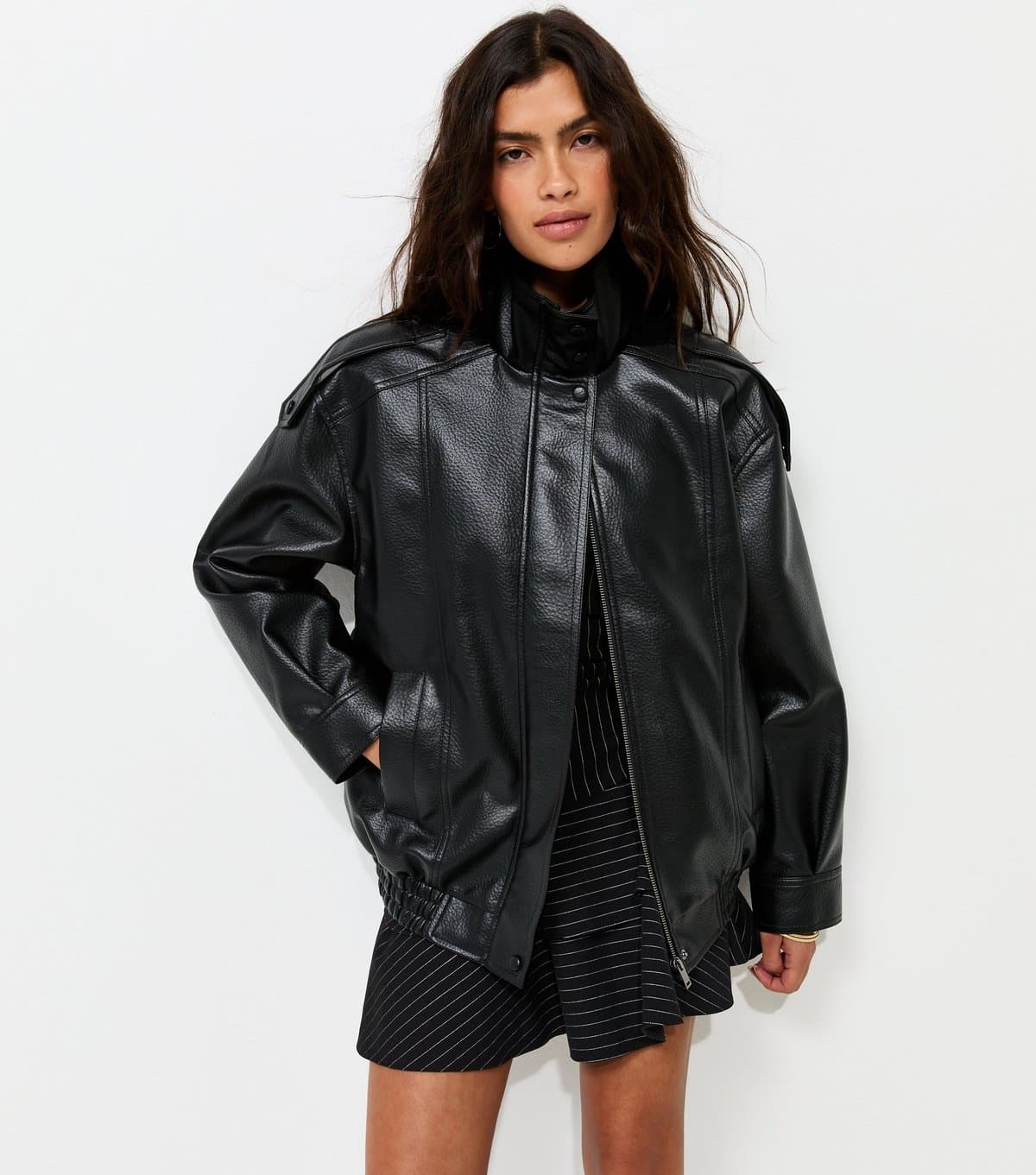 New Look Women's Black Faux Leather Funnel Neck Oversized Jacket New Look