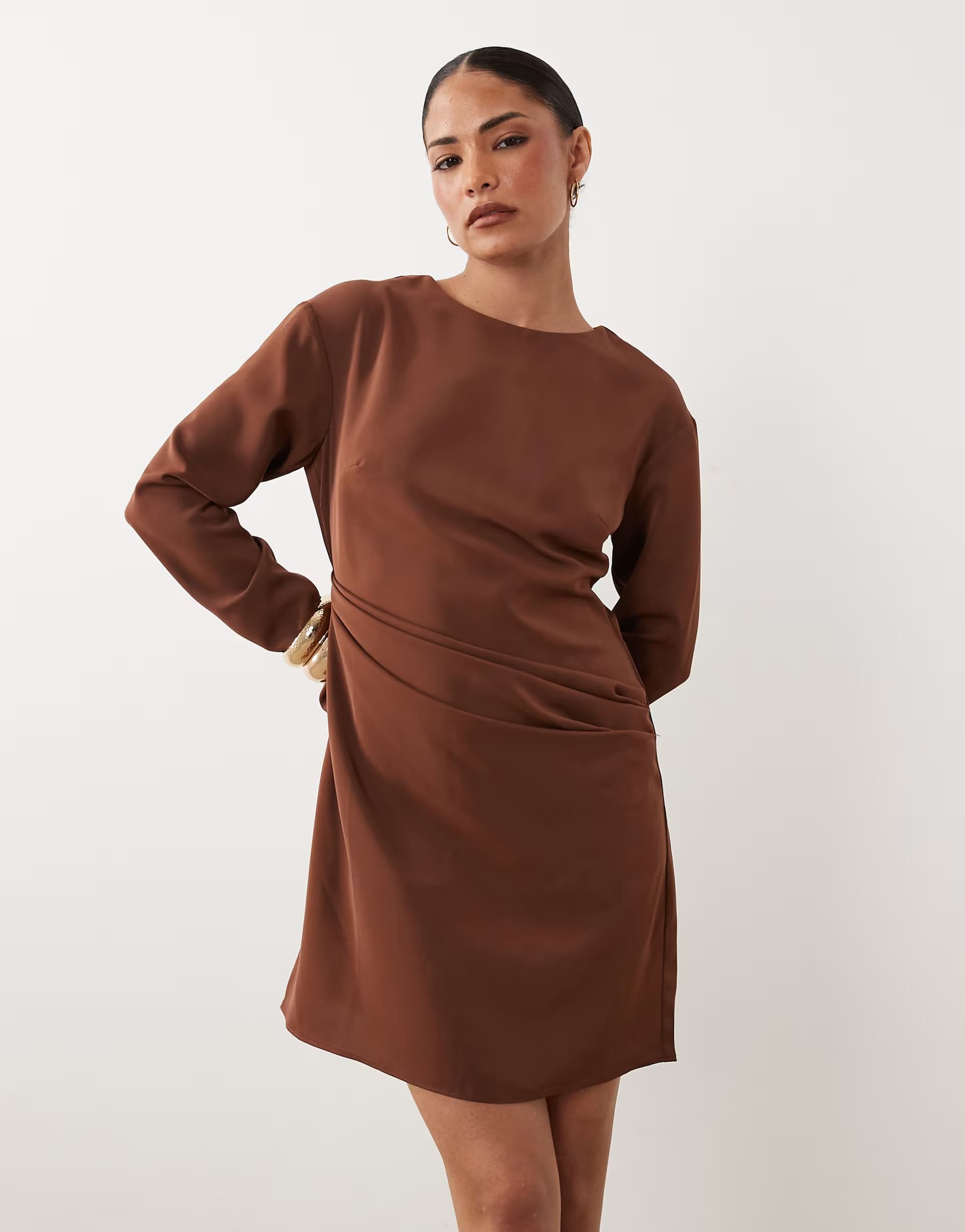 ASOS ASOS DESIGN Petite fluid long sleeve mini dress with ruched side detail in cappuccino