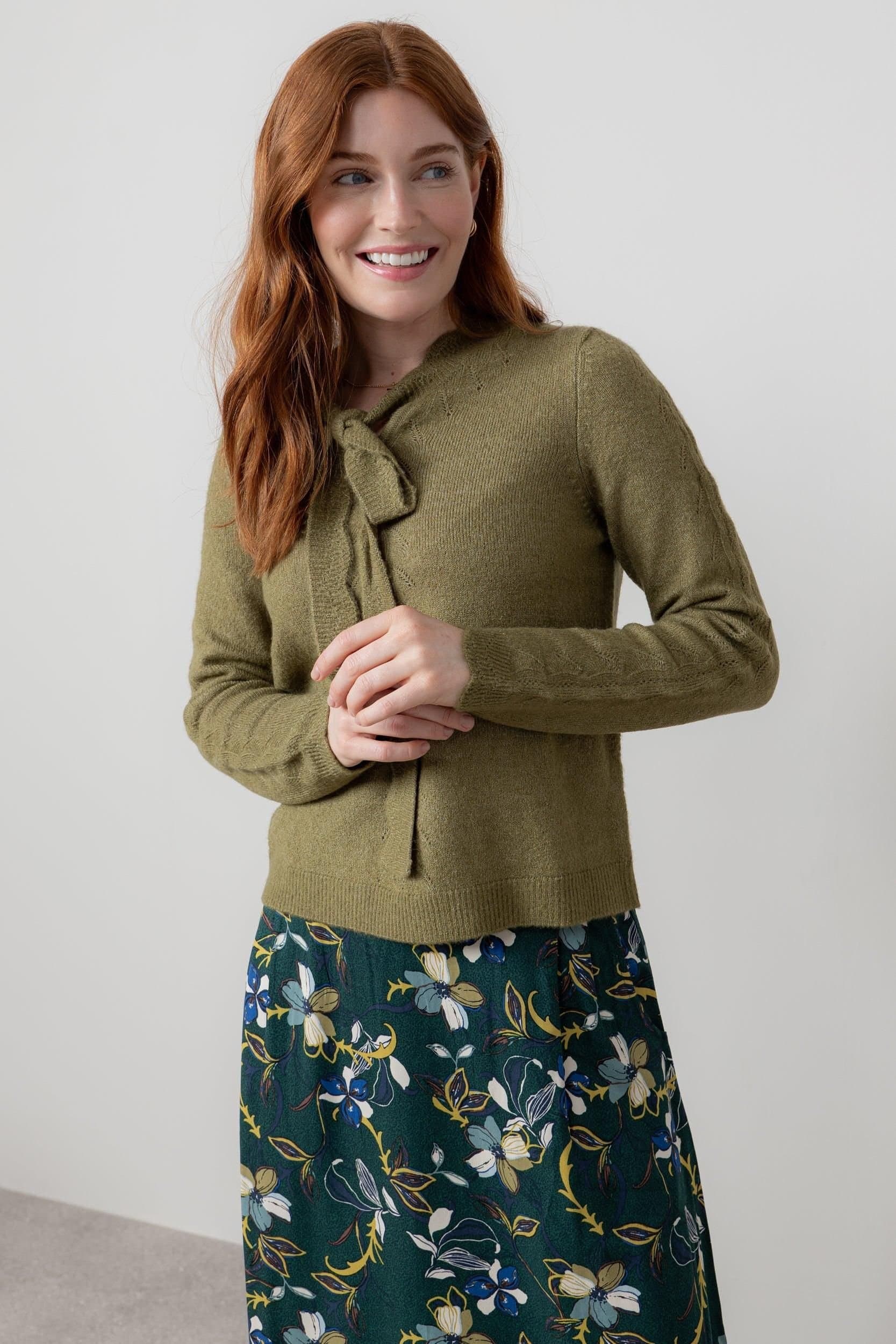 Lily & Me Lily & Me Women's Elise Tie Neck Blended yarn Pointelle Knit Jumper in Green