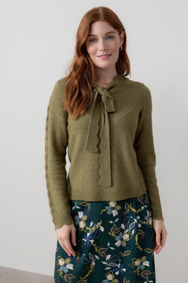 Lily & Me Lily & Me Women's Elise Tie Neck Blended yarn Pointelle Knit Jumper in Green - 3