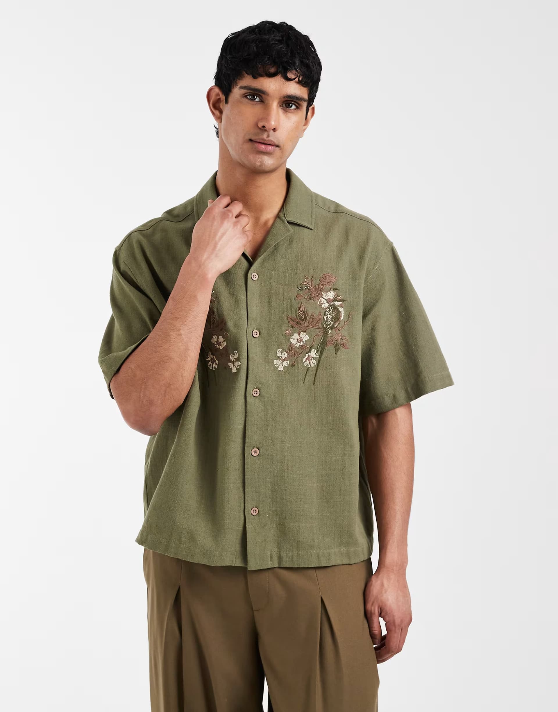 ASOS ASOS DESIGN oversized boxy shirt with floral chest embroidery in khaki