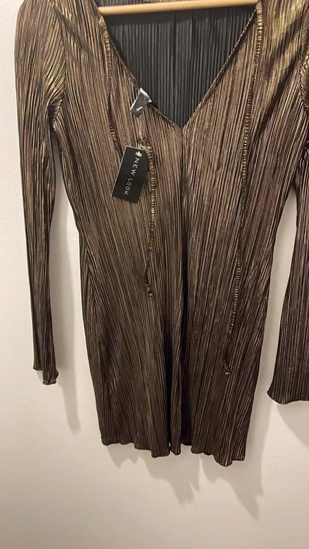 New Look New Look Bronze Metallic Pleated Mini Dress Size 14 NWT