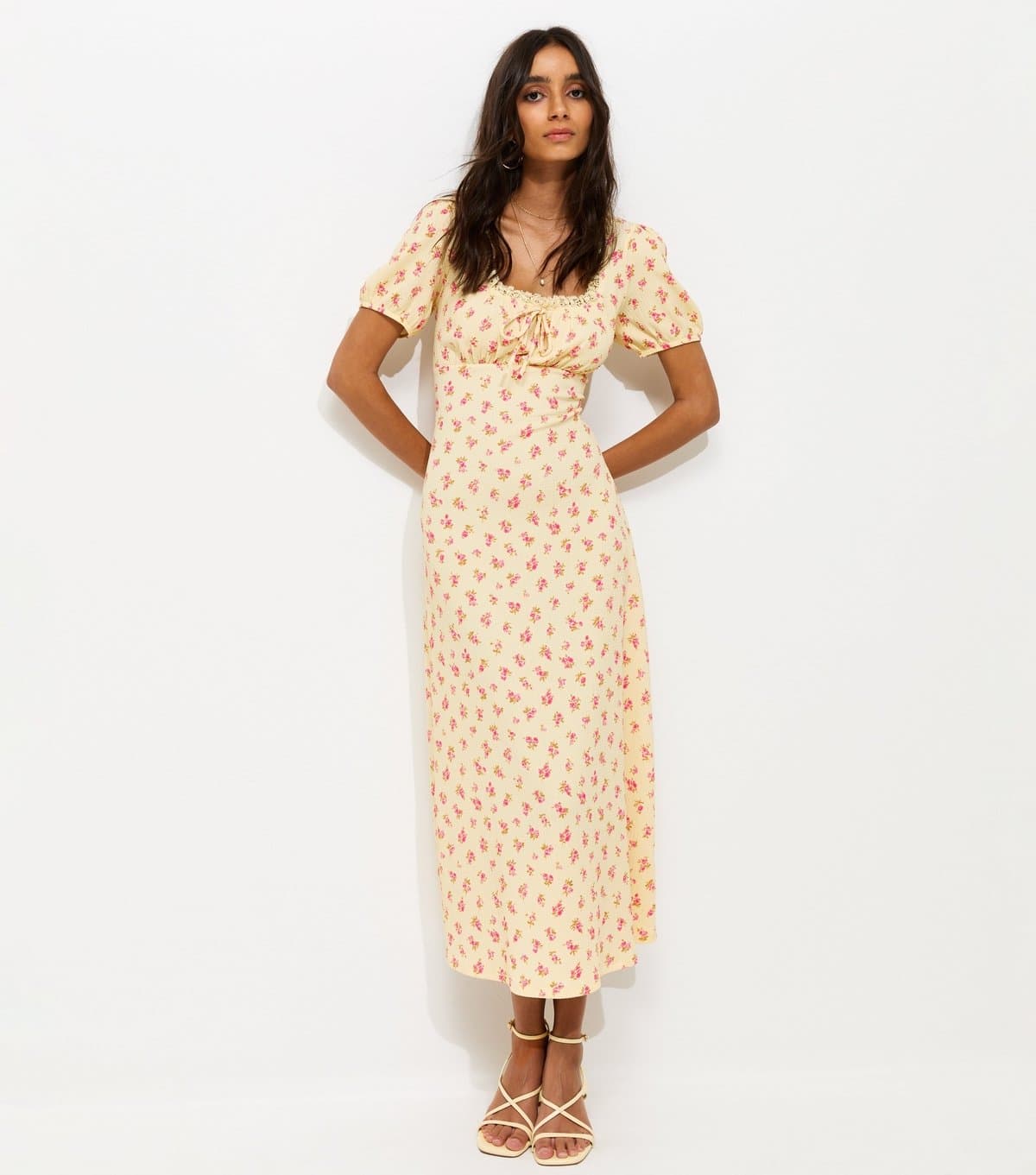 New Look Women's Yellow Crinkle Texture Floral Print Milkmaid Midi Dress New Look