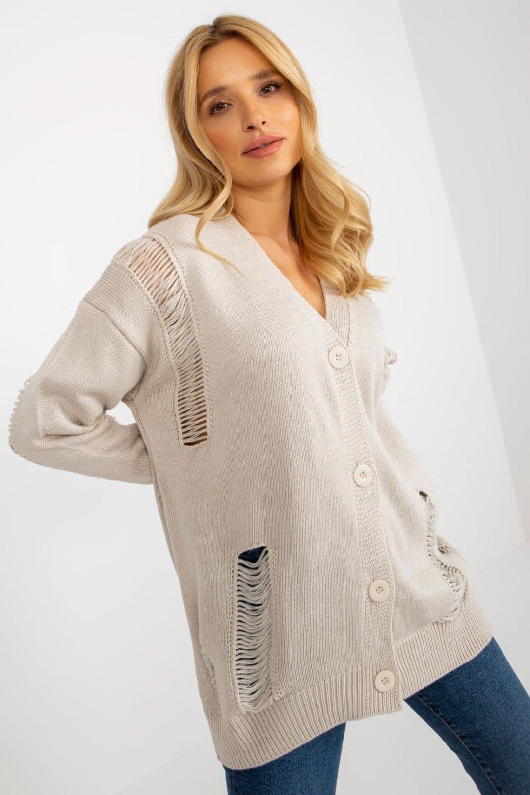 Love Lace Love Lace Women's Heart Neck Button Down Cardigan Sweater in Beige